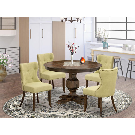 East West Furniture 5-Piece Modern Dining Set - Wooden Pedestal Dining Table and 4 Limelight Color Parson Dining Room Chairs with Button Tufted Back - Distressed Jacobean Finish