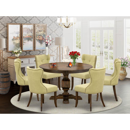 East West Furniture 7-Pc Dining Room Table Set - Modern Pedestal Dining Table and 6 Limelight Color Parson Wood Chairs with Button Tufted Back - Distressed Jacobean Finish