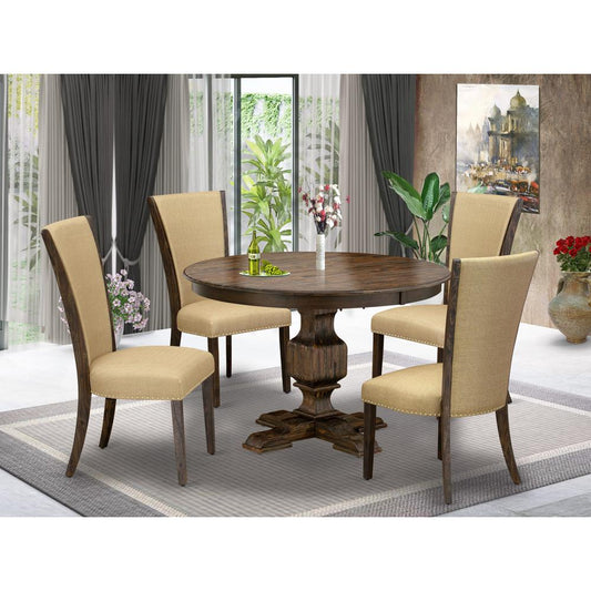 East West Furniture 5-Piece Kitchen Dining Table Set - Pedestal Dining Table and 4 Brown Color Parson Modern Chairs with High Back - Distressed Jacobean Finish