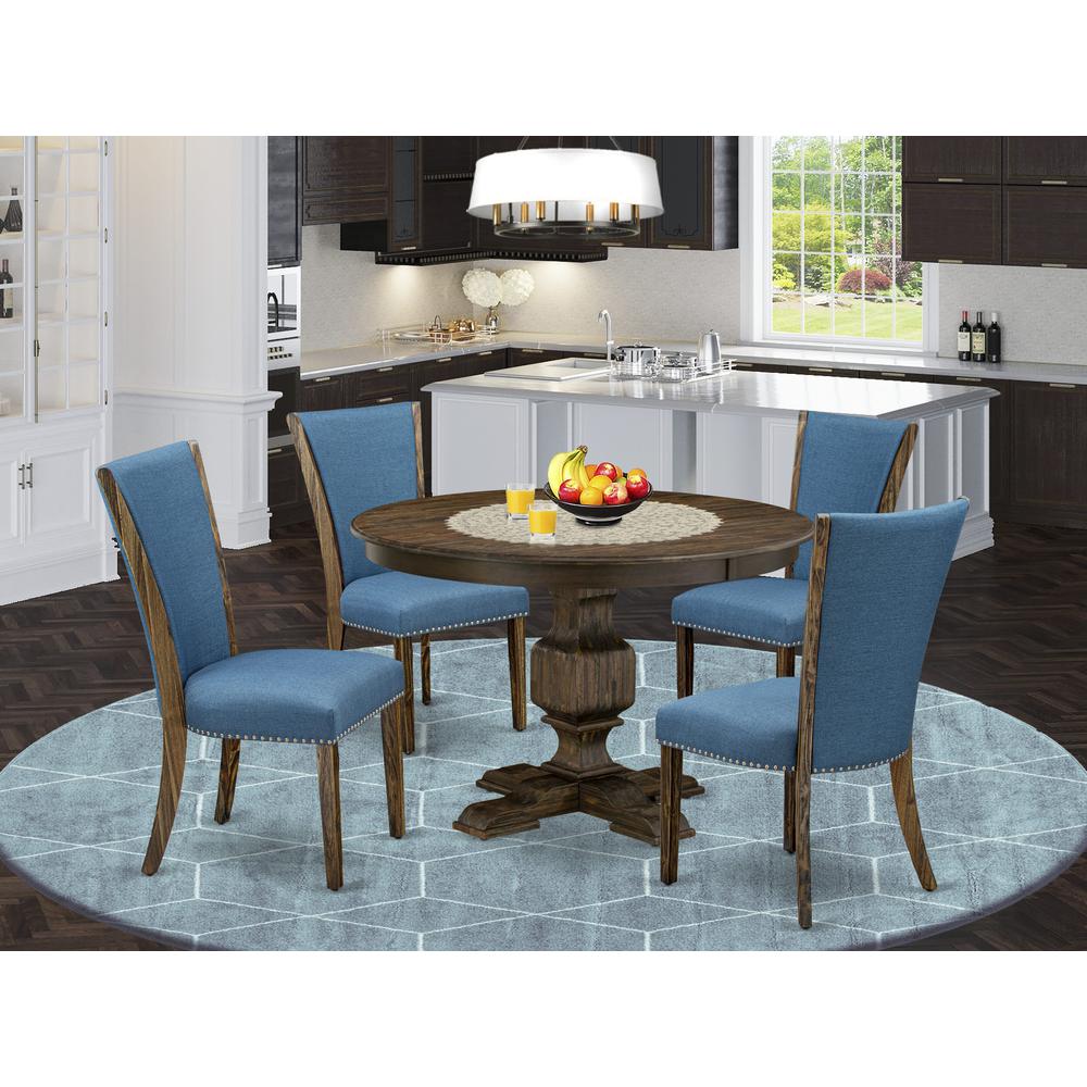 East West Furniture 5-Piece Modern Dining Set - Wood Pedestal Table and 4 Blue Color Parson Dining Room Chairs with High Back - Distressed Jacobean Finish