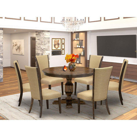 East West Furniture 7-Pc Dinette Set - Pedestal Dinner Table and 6 Brown Color Parson Dining Room Chairs with High Back - Distressed Jacobean Finish