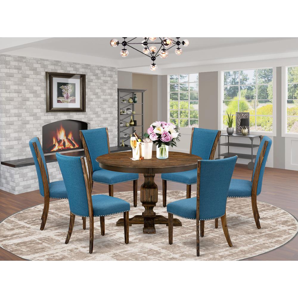 East West Furniture 7-Pc Dinette Set - Mid Century Modern Pedestal Dining Table and 6 Blue Color Parson Chairs with High Back - Distressed Jacobean Finish