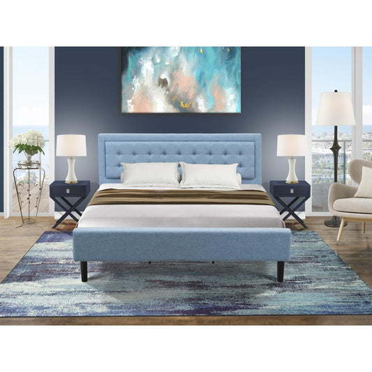 East West Furniture 3-Piece Platform Bedroom Set with 1 Modern Bed and 2 Night Stands for Bedrooms - Reliable and Durable Construction - Denim Blue Linen Fabric