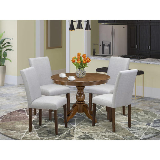 HBAB5-AWA-05 5 Pc Kitchen Table Set - Round Dining Table with 4 Grey Upholstered Chairs - Acacia Walnut Finish