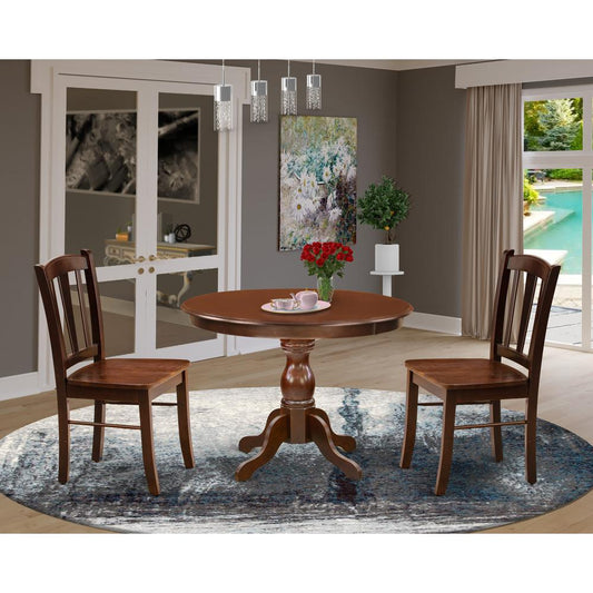 HBDL3-MAH-W - 3-Pc Dining Room Table Set- 2 Kitchen Dining Chairs and Dining Room Table - Wooden Seat and Slatted Chair Back - Mahogany Finish