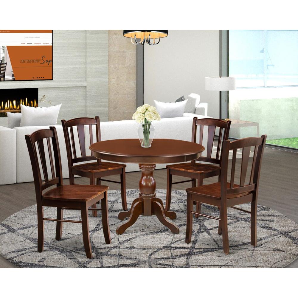 HBDL5-MAH-W - 5-Piece Dining Room Set- 4 Dining Chairs and Dining Room Table - Wooden Seat and Slatted Chair Back - Mahogany Finish