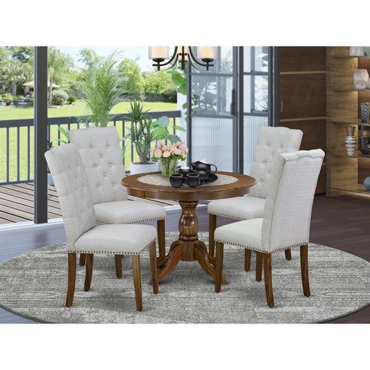 HBEL5-AWA-05 5 Pc Kitchen Table Set - Small Dining Table with 4 Grey Comfortable Chairs - Acacia Walnut Finish