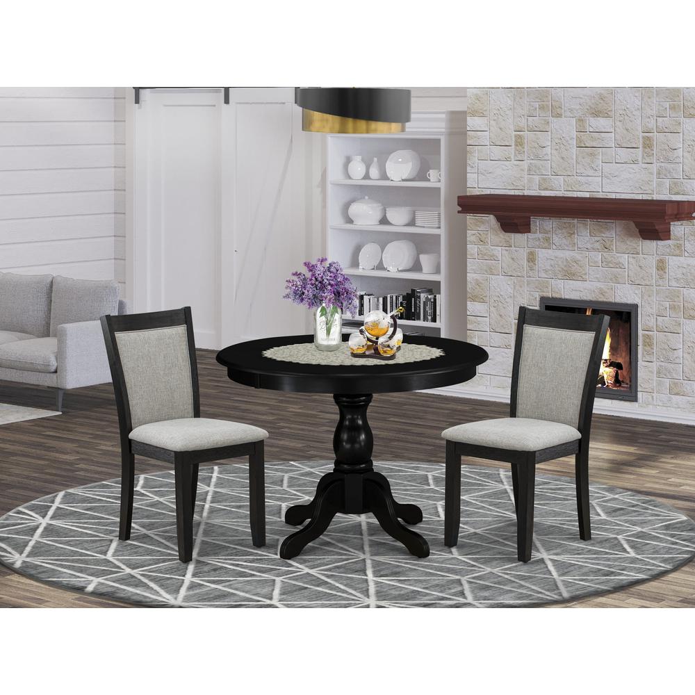 East West Furniture 3-Pc Dining Table Set Contains a Dining Room Table and 2 Shitake Linen Fabric Dining Room Chairs - Wire Brushed Black Finish