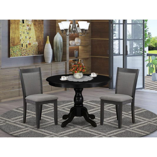 East West Furniture 3-Piece Dining Table Set Contains a Dinner Table with Drop Leaves and 2 Dark Gotham Grey Linen Fabric Parsons Chairs - Wire Brushed Black Finish