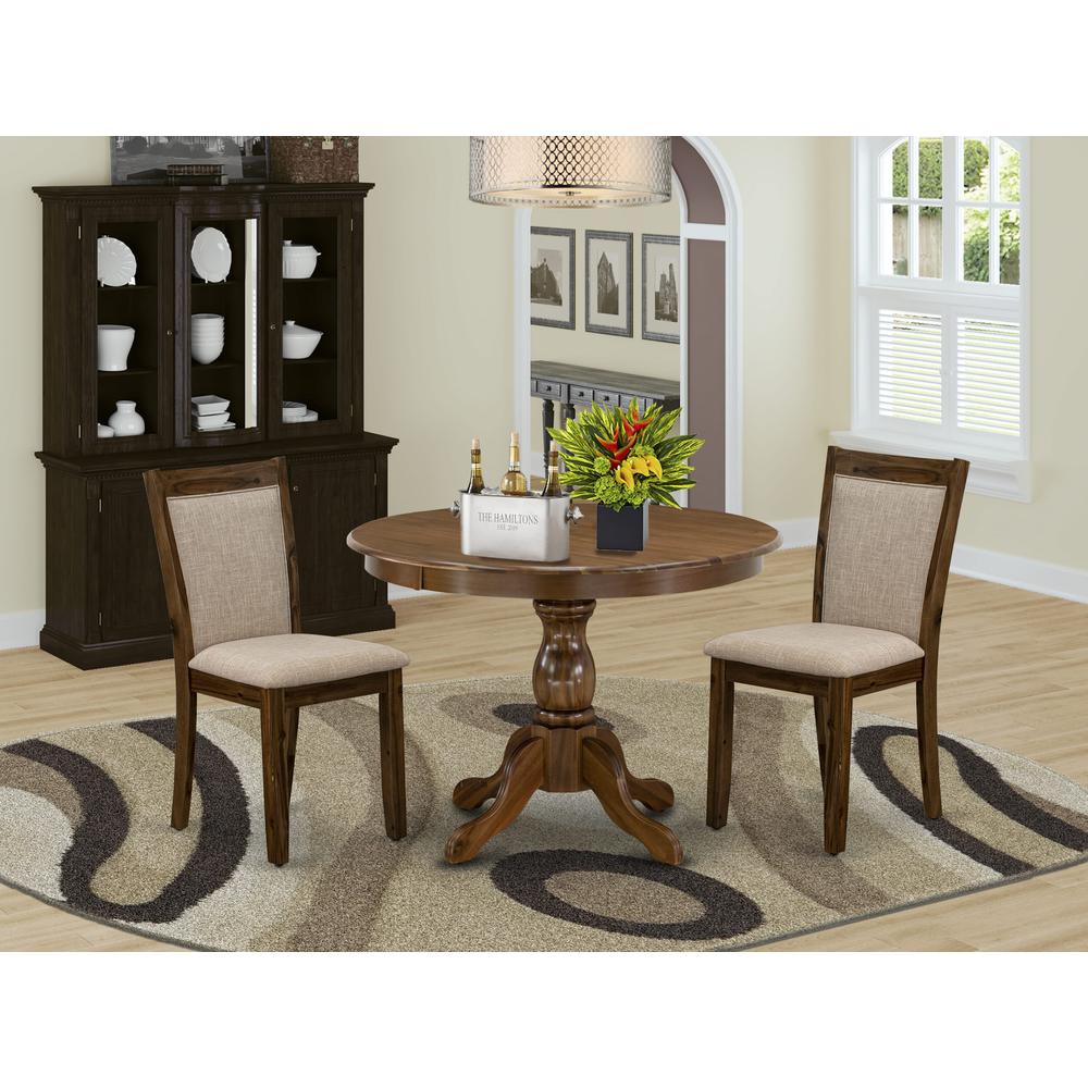 HBMZ3-AWN-04 3-Pc Dining Room Set Contains a Pedestal Table and 2 Light Tan Kitchen Chairs - Sand Blasting Antique Walnut Finish