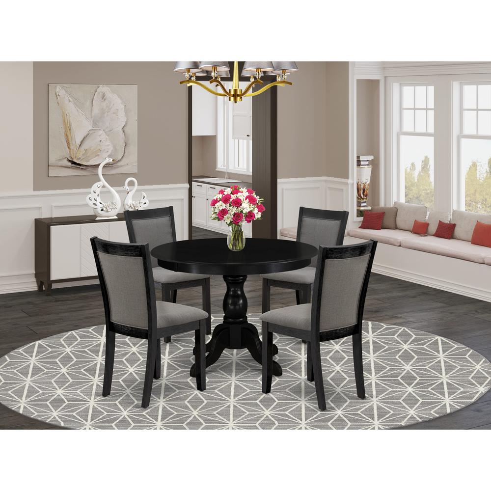 East West Furniture 5-Piece Kitchen Room Table Set Includes a Pedestal Dining Table and 4 Dark Gotham Grey Linen Fabric Upholstered Dining Chairs - Wire Brushed Black Finish