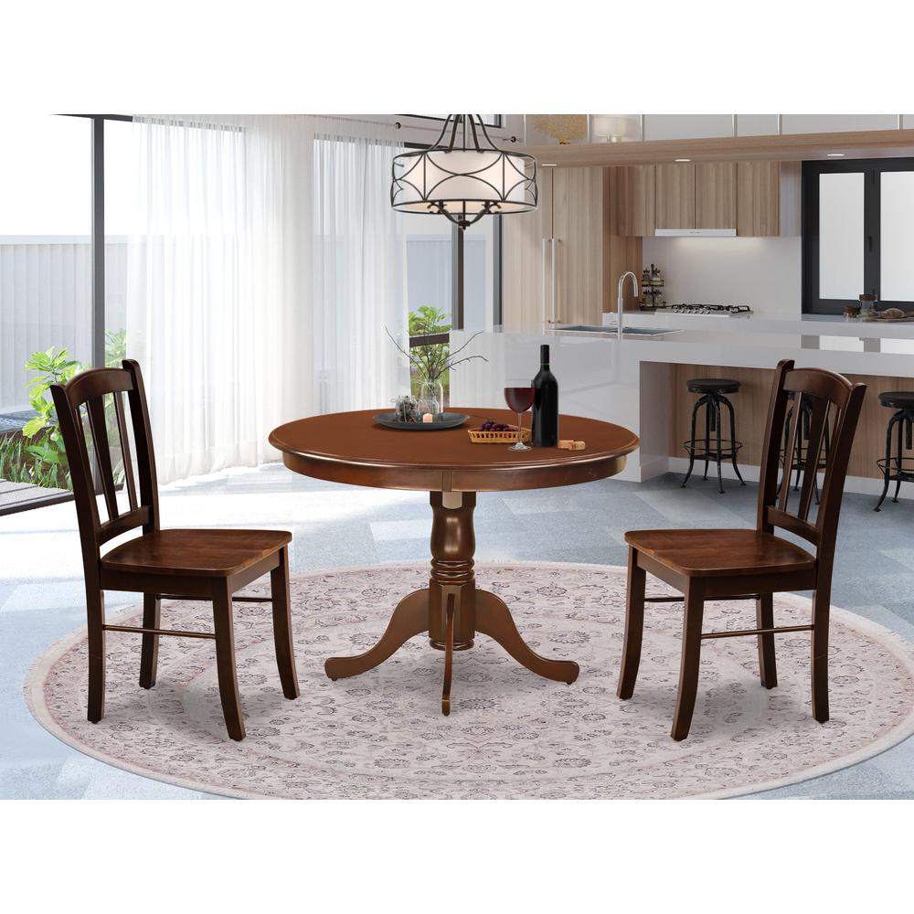 HLDL3-MAH-W - 3-Pc Kitchen Dining Set- 2 Mid Century Dining Chairs and Dining Table - Wooden Seat and Slatted Chair Back - Mahogany Finish