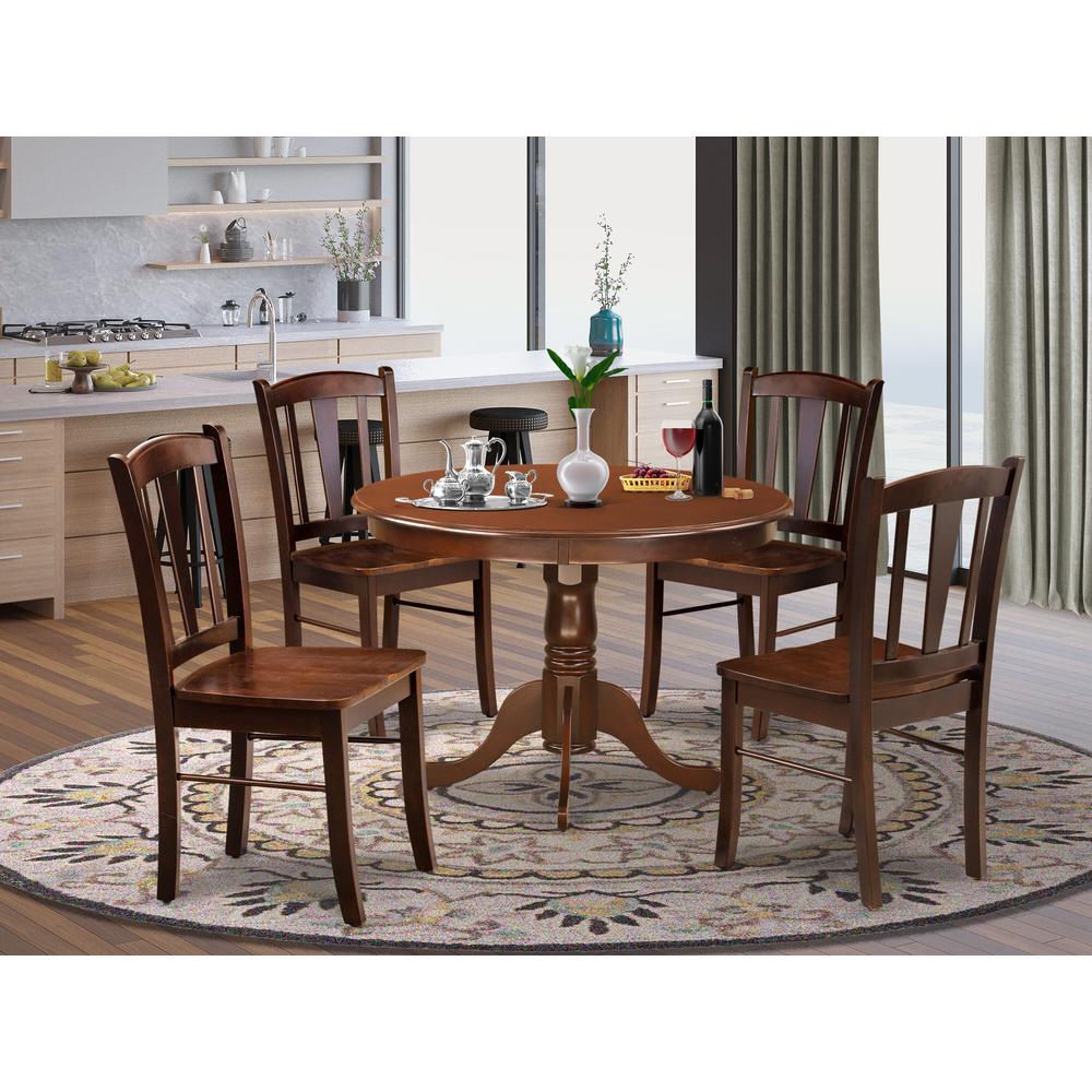 HLDL5-MAH-W - 5-Pc Kitchen Dining Room Set- 4 Kitchen Chair and Modern Kitchen Table - Wooden Seat and Slatted Chair Back - Mahogany Finish