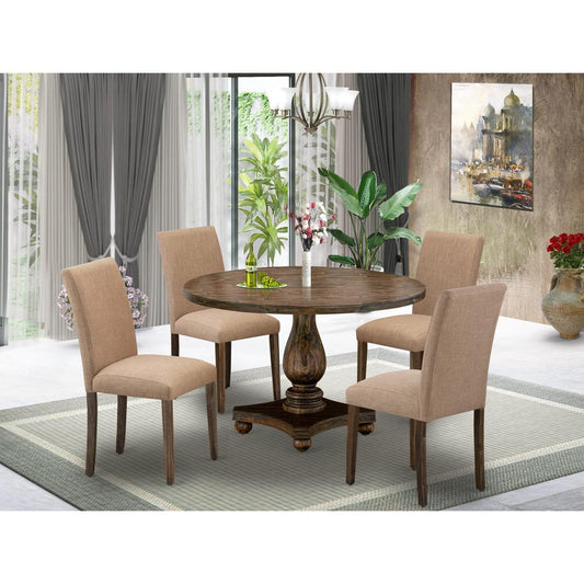 East West Furniture 5 Piece Mid Century Modern Dining Set Consists of a Dining Table and 4 Light Sable Linen Fabric Dining Chairs with High Back - Distressed Jacobean Finish