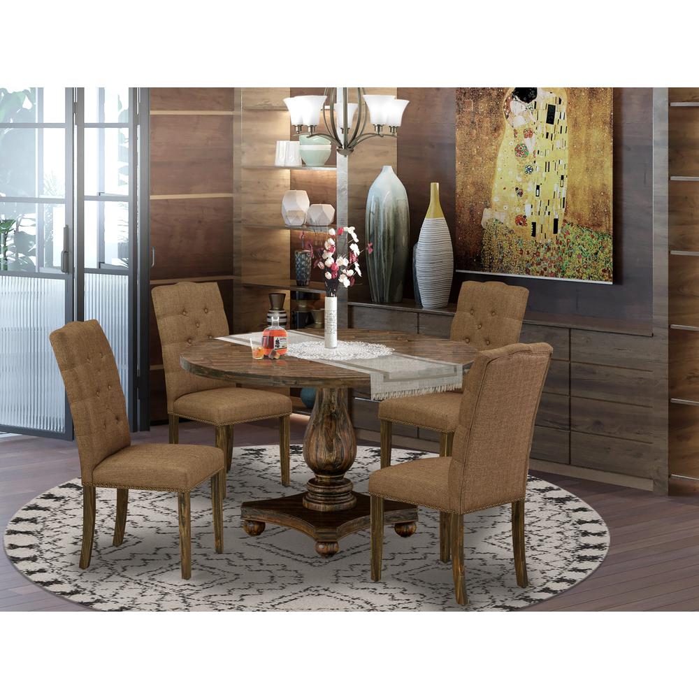 East West Furniture 5 Piece Modern Dining Table Set Includes a Modern Kitchen Table and 4 Brown Linen Fabric Dining Chairs with Button Tufted Back - Distressed Jacobean Finish