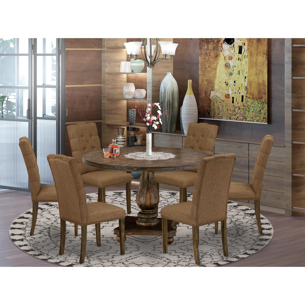 East West Furniture 7 Piece Dining Room Set Contains a Dining Table and 6 Brown Linen Fabric Parson Chairs with Button Tufted Back - Distressed Jacobean Finish