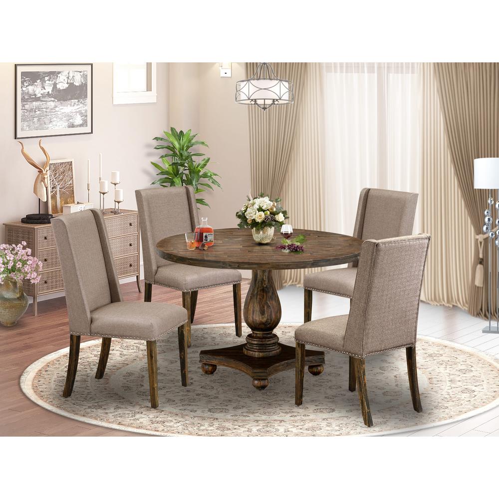 East West Furniture 5 Piece Mid Century Modern Dining Set Contains a Modern Dining Table and 4 Dark Khaki Linen Fabric Dining Chairs with High Back - Distressed Jacobean Finish