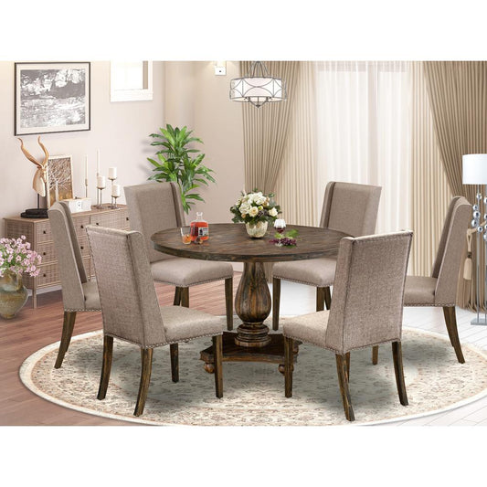 East West Furniture 7 Piece Dining Table Set Contains a Dining Table and 6 Dark Khaki Linen Fabric Dining Room Chairs with High Back - Distressed Jacobean Finish