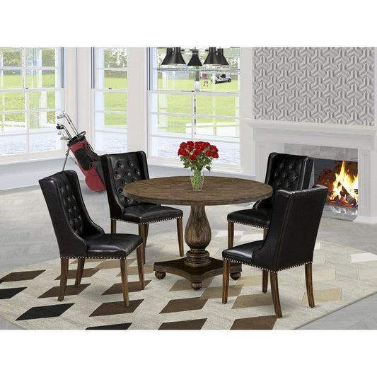 East West Furniture 5 Piece Mid Century Dining Set Includes a Wood Table and 4 Black PU Leather Upholstered Dining Chairs with Button Tufted Back - Distressed Jacobean Finish