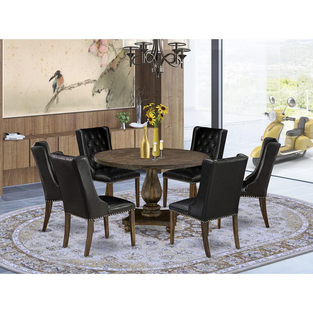 East West Furniture 7 Piece Dinette Set Contains a Dining Table and 6 Black PU Leather Mid Century Dining Chairs with Button Tufted Back - Distressed Jacobean Finish