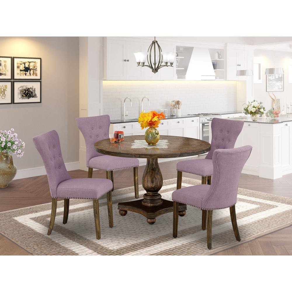 East West Furniture 5 Piece Kitchen Dining Table Set Contains a Modern Dining Table and 4 Dahlia Linen Fabric Modern Chairs with Button Tufted Back - Distressed Jacobean Finish