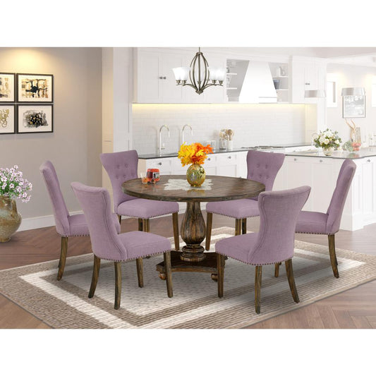 East West Furniture 7 Piece Dinner Table Set Consists of a Wood Table and 6 Dahlia Linen Fabric Kitchen Chairs with Button Tufted Back - Distressed Jacobean Finish