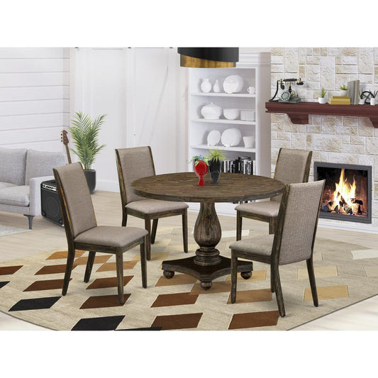 East West Furniture 5 Piece Dining Room Set Contains a Modern Kitchen Table and 4 Dark Khaki Linen Fabric Mid Century Dining Chairs with High Back - Distressed Jacobean Finish