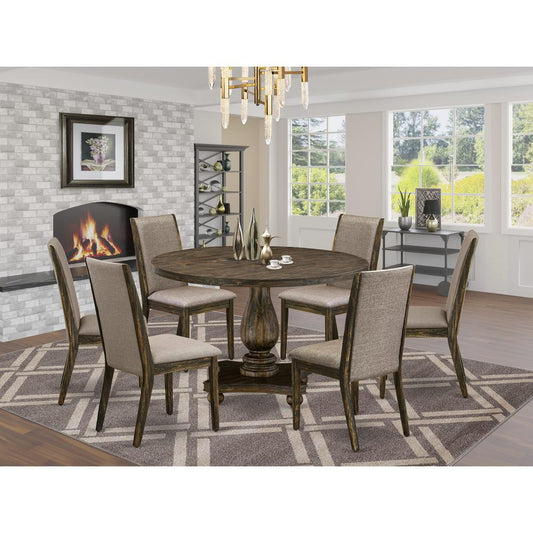 East West Furniture 7 Piece Dining Room Table Set Contains a Dining Table and 6 Dark Khaki Linen Fabric Upholstered Dining Chairs with High Back - Distressed Jacobean Finish