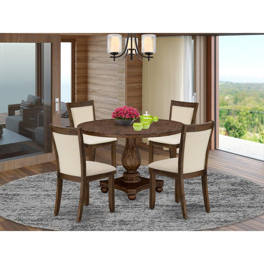 East West Furniture 5-Pcs Dining Table Set - A Modern Kitchen Table and 4 Light Beige Linen Fabric Dining Room Chairs with Stylish Back (Sand Blasting Antique Walnut Finish)