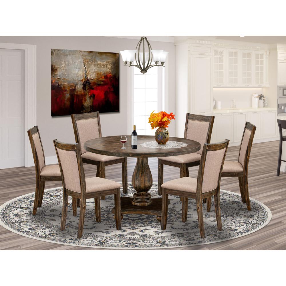 East West Furniture 7 Piece Dining Room Set Includes a Mid Century Dining Table and 6 Dark Khaki Linen Fabric Parson Chairs with High Back - Distressed Jacobean Finish