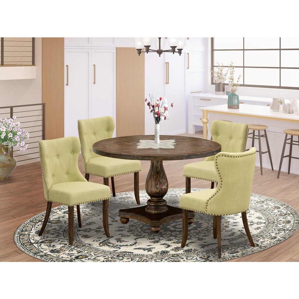 East West Furniture 5-Pc Mid Century Dining Set - Modern Kitchen Table and 4 Limelight Color Parson Chairs with Button Tufted Back - Distressed Jacobean Finish