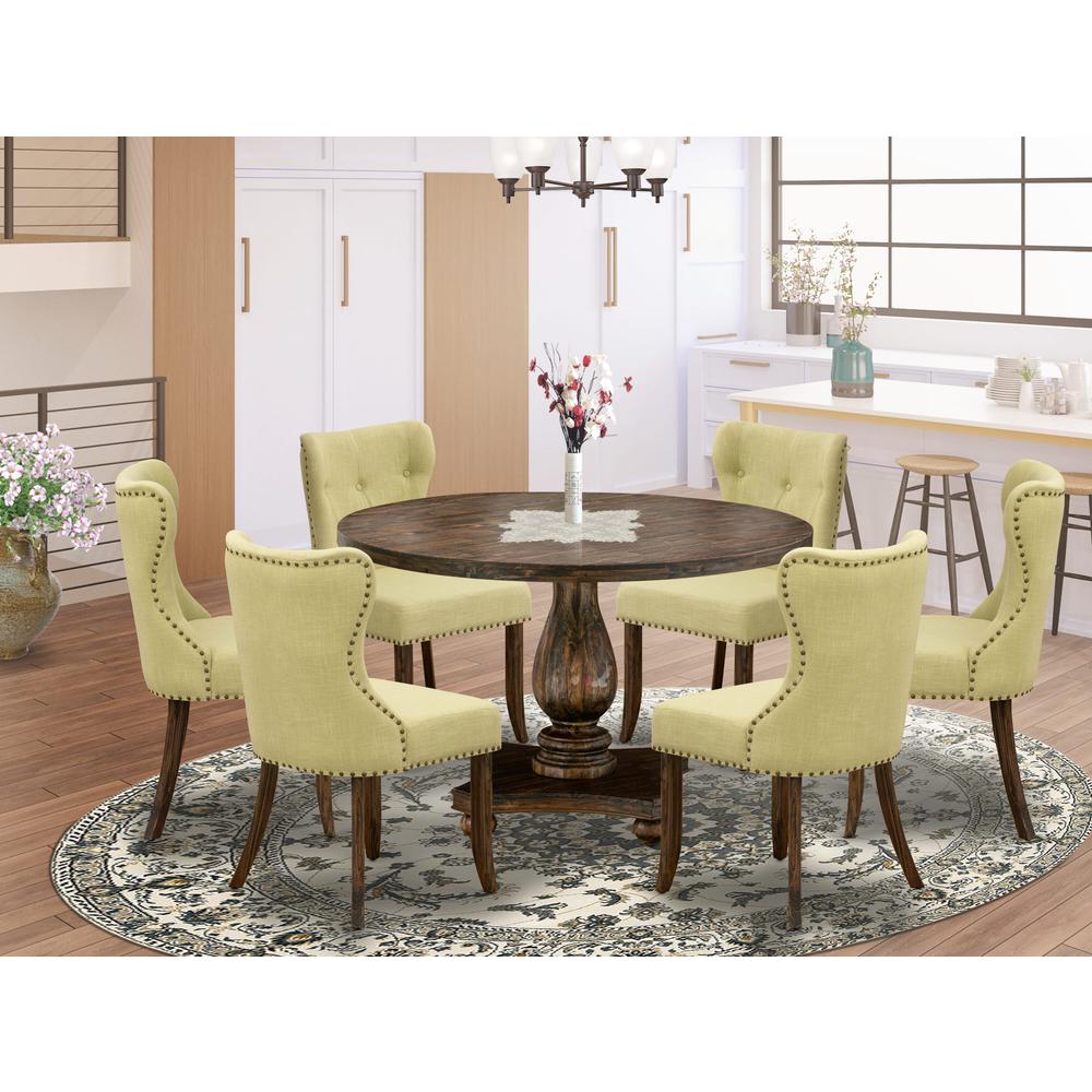 East West Furniture 7-Pc Dining Set - Wood Dining Table and 6 Limelight Color Parson Kitchen Chairs with Button Tufted Back - Distressed Jacobean Finish