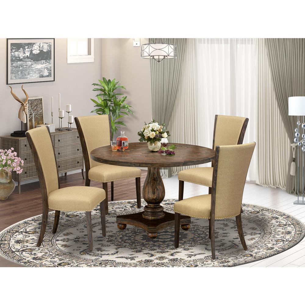 East West Furniture 5-Pc Dining Room Set - Round Dinner Table and 4 Brown Color Parson Dining Room Chairs with High Back - Distressed Jacobean Finish