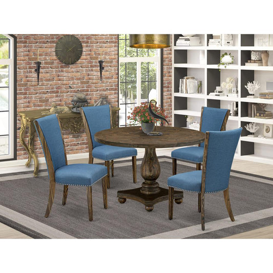 East West Furniture 5-Pc Dinette Set - Dining Table and 4 Blue Color Parson Modern Chairs with High Back - Distressed Jacobean Finish