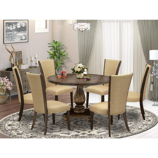 East West Furniture 7-Pc Kitchen Table Set - Dinning Table and 6 Brown Color Parson Dining Room Chairs with High Back - Distressed Jacobean Finish