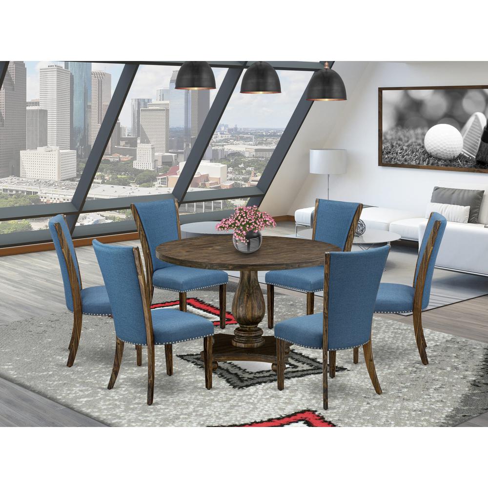 East West Furniture 7-Piece Dining Table Set - Dining Room Table and 6 Blue Color Parson Modern Kitchen Chairs with High Back - Distressed Jacobean Finish