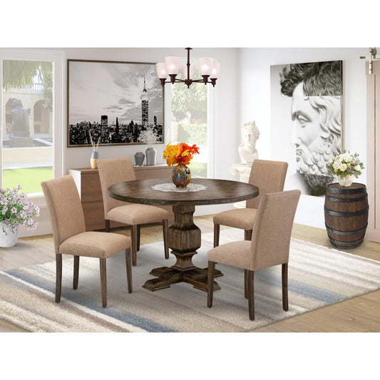 East West Furniture 5 Piece Mid Century Modern Dining Set Includes a Dining Table and 4 Light Sable Linen Fabric Dining Chairs with High Back - Distressed Jacobean Finish