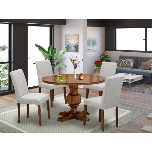 East West Furniture 5-Pc Dining Set - Modern Kitchen Table and 4 Doeskin Color Parson Dining Chairs with High Back - Antique Walnut Finish