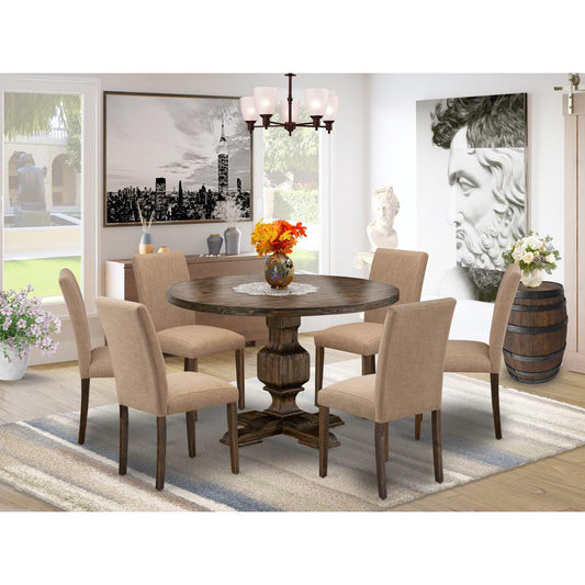 East West Furniture 7 Piece Table Set Includes a Dining Room Table and 6 Light Sable Linen Fabric Mid Century Modern Chairs with High Back - Distressed Jacobean Finish