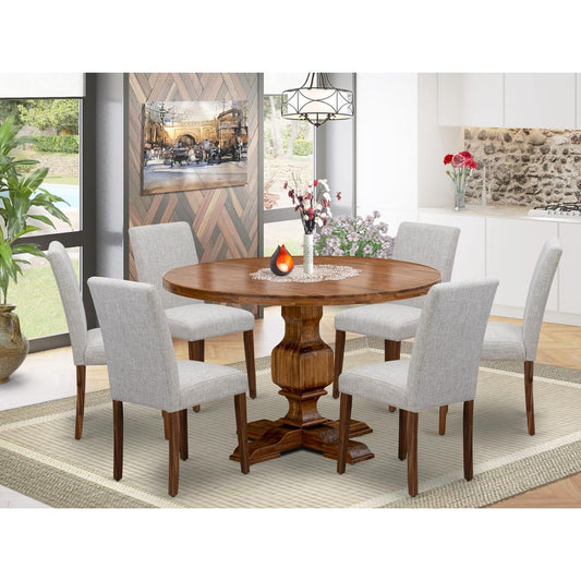 East West Furniture 7-Piece Modern Dining Set - Dinner Table and 6 Doeskin Color Parson Chairs with High Back - Antique Walnut Finish