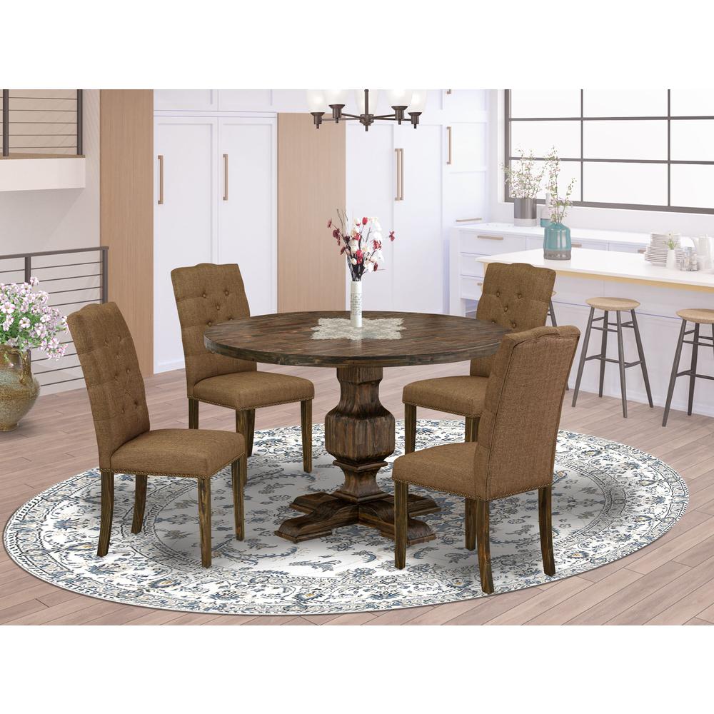 East West Furniture 5 Piece Modern Dining Set Consists of a Kitchen Table and 4 Brown Linen Fabric Parson Chairs with Button Tufted Back - Distressed Jacobean Finish