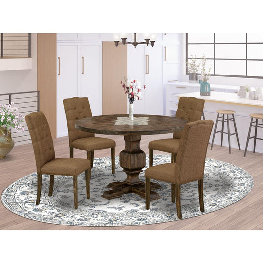 East West Furniture 5 Piece Modern Dining Set Consists of a Kitchen Table and 4 Brown Linen Fabric Parson Chairs with Button Tufted Back - Distressed Jacobean Finish