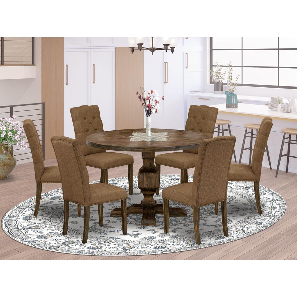 East West Furniture 7 Piece Dining Set Includes a Dining Room Table and 6 Brown Linen Fabric Upholstered Dining Chairs with Button Tufted Back - Distressed Jacobean Finish