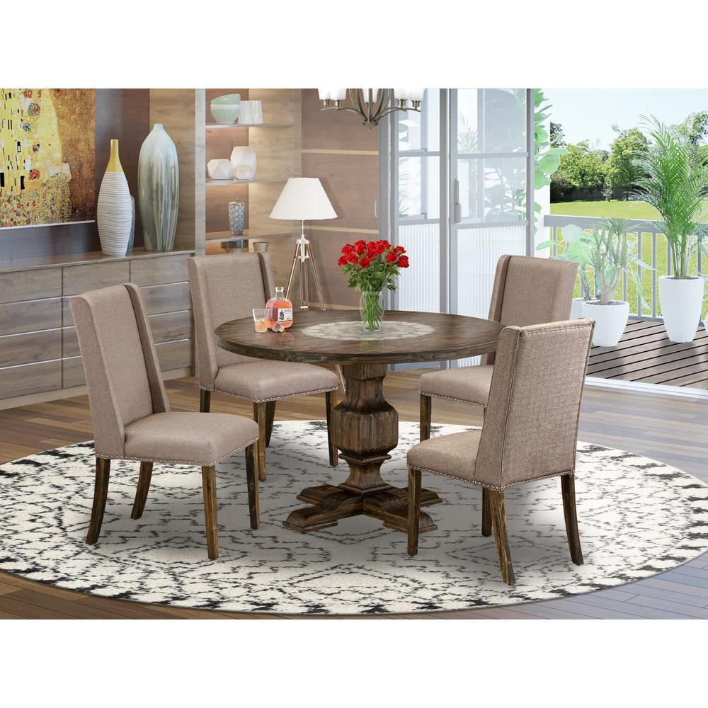 East West Furniture 5 Piece Dining Set Consists of a Mid Century Dining Table and 4 Dark Khaki Linen Fabric Dining Chairs with High Back - Distressed Jacobean Finish