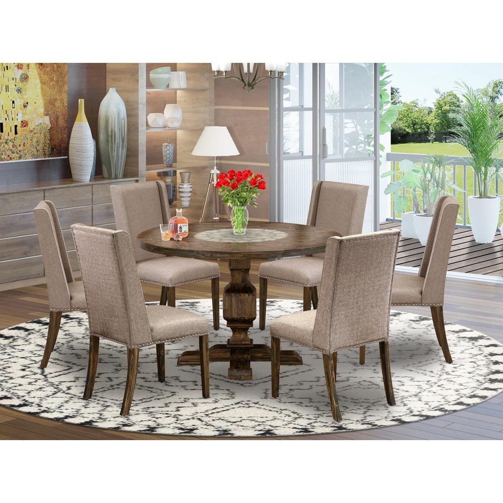 East West Furniture 7 Piece Dining Set Consists of a Wooden Table and 6 Dark Khaki Linen Fabric Upholstered Chairs with High Back - Distressed Jacobean Finish