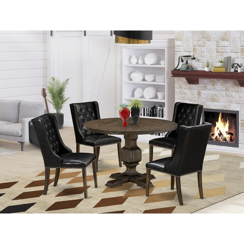 East West Furniture 5 Piece Dining Room Table Set Contains a Wooden Table and 4 Black PU Leather Mid Century Modern Dining Chairs with Button Tufted Back - Distressed Jacobean Finish