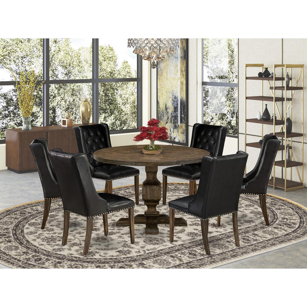 East West Furniture 7 Piece Dining Room Set Includes a Mid Century Modern Dining Table and 6 Black PU Leather Dining Chairs with Button Tufted Back - Distressed Jacobean Finish