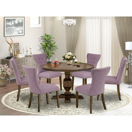 East West Furniture 7 Piece Table Set Consists of a Kitchen Table and 6 Dahlia Linen Fabric Dining Chairs with Button Tufted Back - Distressed Jacobean Finish