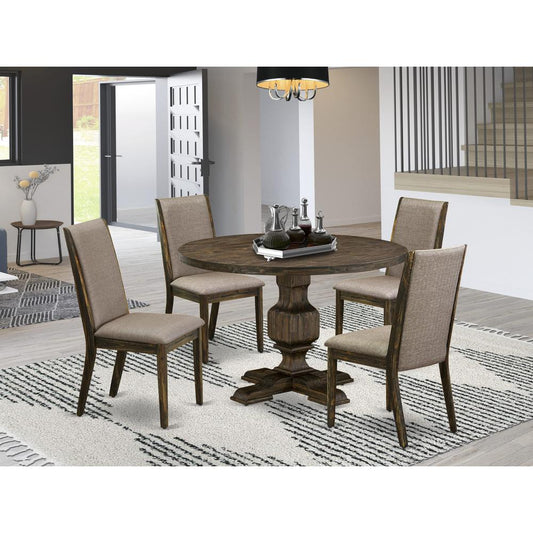 East West Furniture 5 Piece Modern Dining Set Contains a Dinner Table and 4 Dark Khaki Linen Fabric Modern Dining Chairs with High Back - Distressed Jacobean Finish