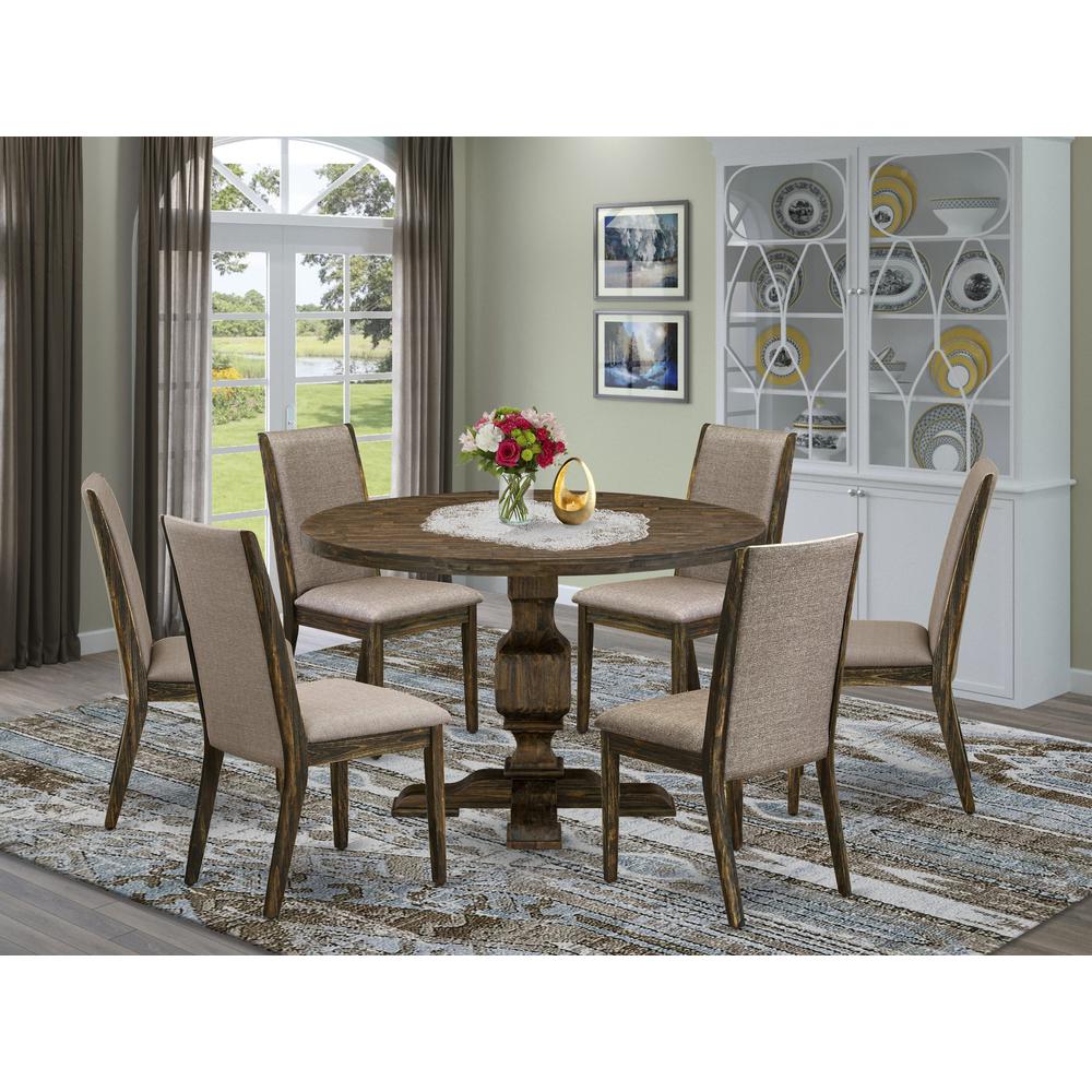 East West Furniture 7 Piece Modern Dining Table Set Contains a Mid Century Dining Table and 6 Dark Khaki Linen Fabric Mid Century Chairs with High Back - Distressed Jacobean Finish